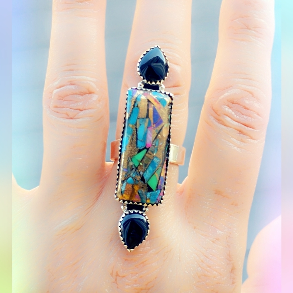 Kingman Fiesta Turquoise & Onyx Sterling Gemstone Ring